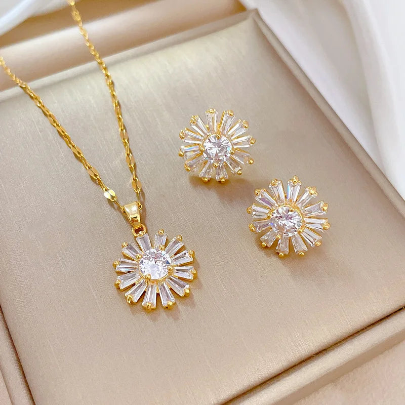 Trendy Luxury Stainless Steel Crystal Sun Flower Stud Earrings Sparkling Zircon CZ Sunflower Necklace Dainty Jewelry Set