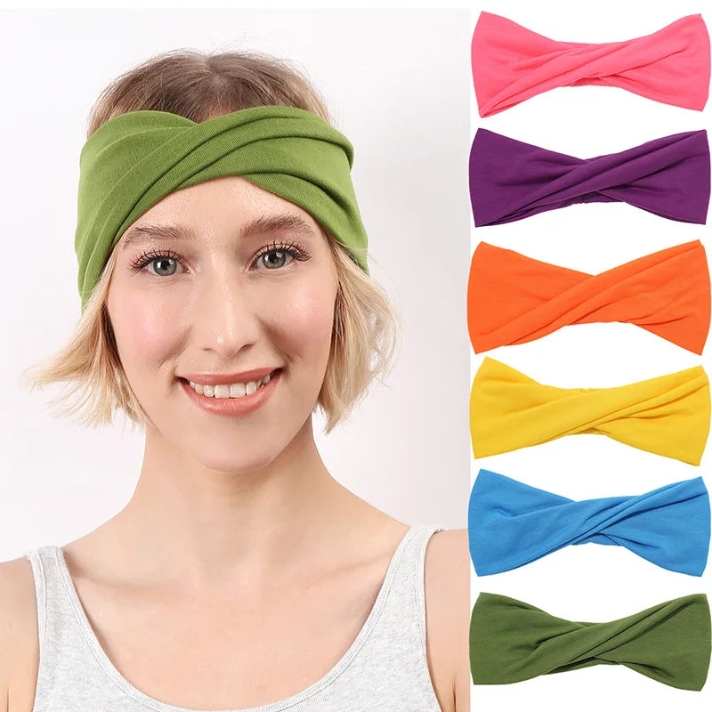 Candy Color Women Elastic Wide Yoga Fitness Workout Sport Running Cotton Sweatband Cross Twist Knotted Headband