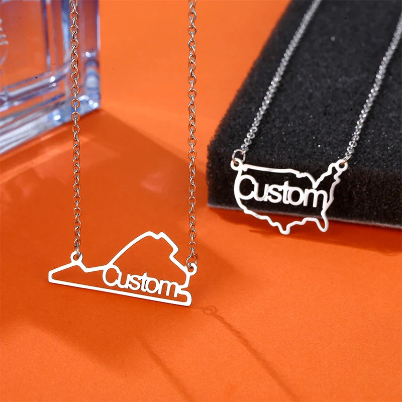 Personalized Custom World Map Stainless Steel Jewelry Minimalist New York Design Custom Name Pendant Necklace