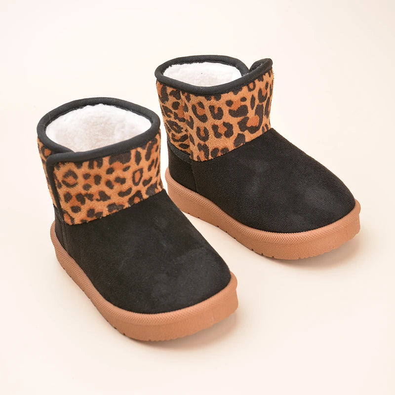 Wholesale Customized Factory Children Winter Snow Boots Kids Leopard Print Plush Warm Flat Boots