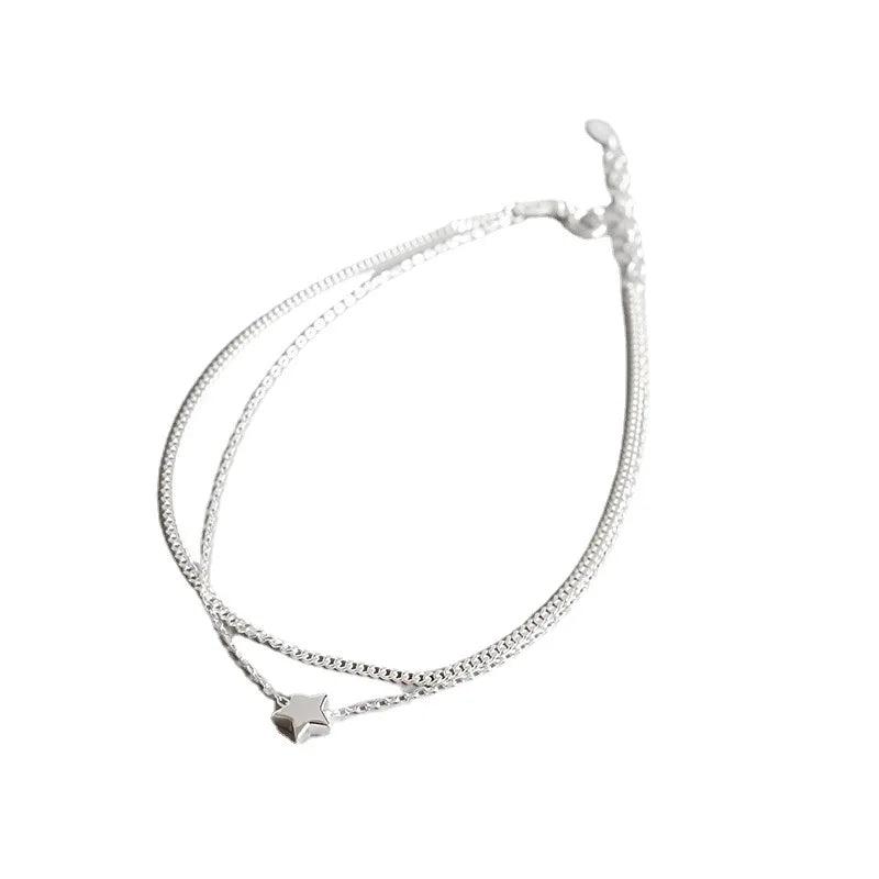 Fashion Jewelry 925 Sterling Silver Summer Anklet Double Chain Pentagram Five-pointed Star Anklets for Women