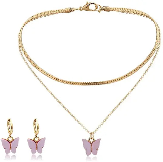 Elegant Gold Plated Purple Butterfly Earrings Layered Necklaces Jewelry Sets for Women