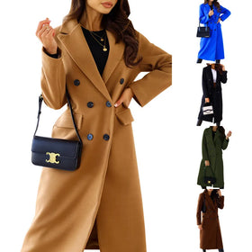 2025 Vintage Women's Mid-Long Wool Pea Coat Elegant Double Breasted Notch Lapel Solid Colors Knee Length Basic Design for Winter
