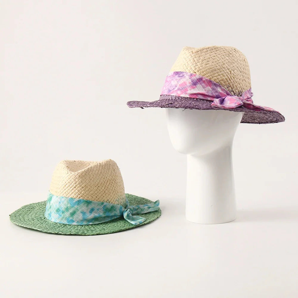 Elegant Ombre Color Block Sun Hat Stylish Jazz Bow Straw Hat for Casual Beach & Holiday Image Style