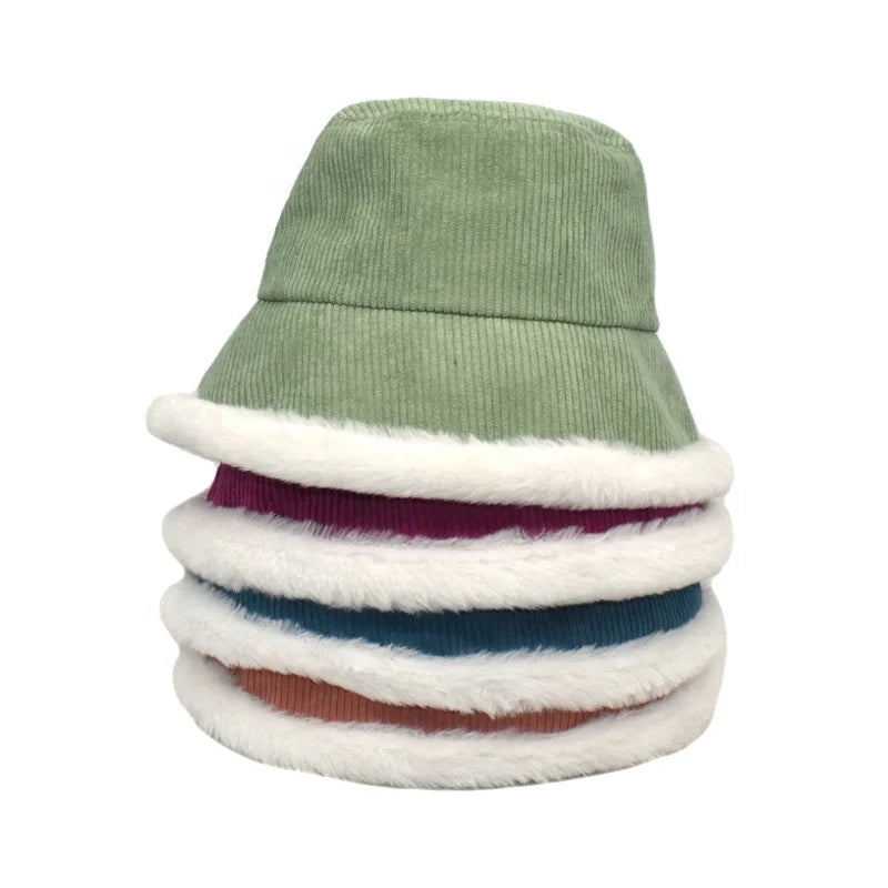 2021 New Wholesale Bucket Hats Faux Fur Corduroy Fluffy Bucket Hat for Women