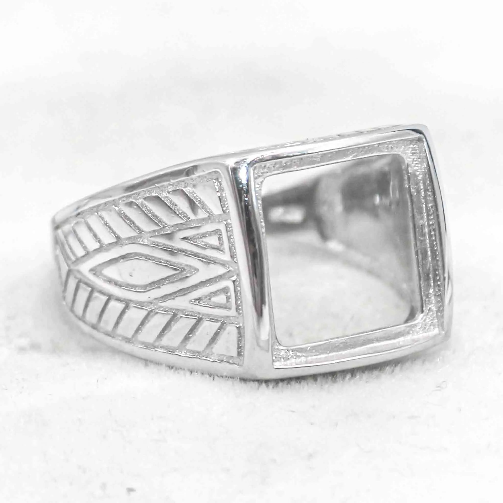 Sterling Silver 12*12mm Semi Mount Men's Ring Frame Empty Blank Bar Bezel Setting S925 Base Without Center Stone for DIY Inlay