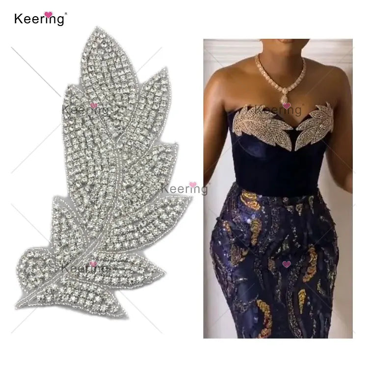 African Hot Fix Designer Patches Black Silver Iron on Transfer Feather Embellishment Leaf Rhinestone Applique for Dress