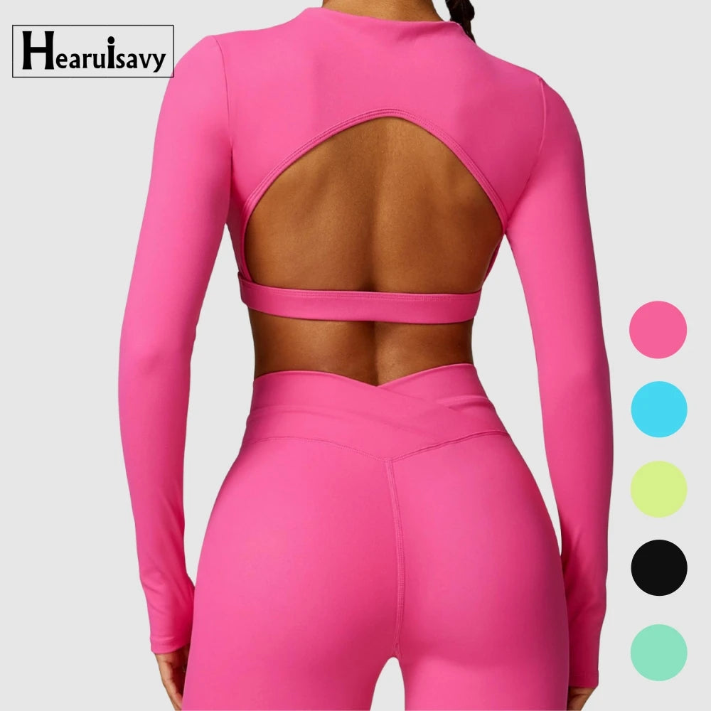 HEARUISAVY New Long Sleeves Compressed Quick-Dry Yoga T-Shirt for Women Crop Top Gym Workout Running Fitness