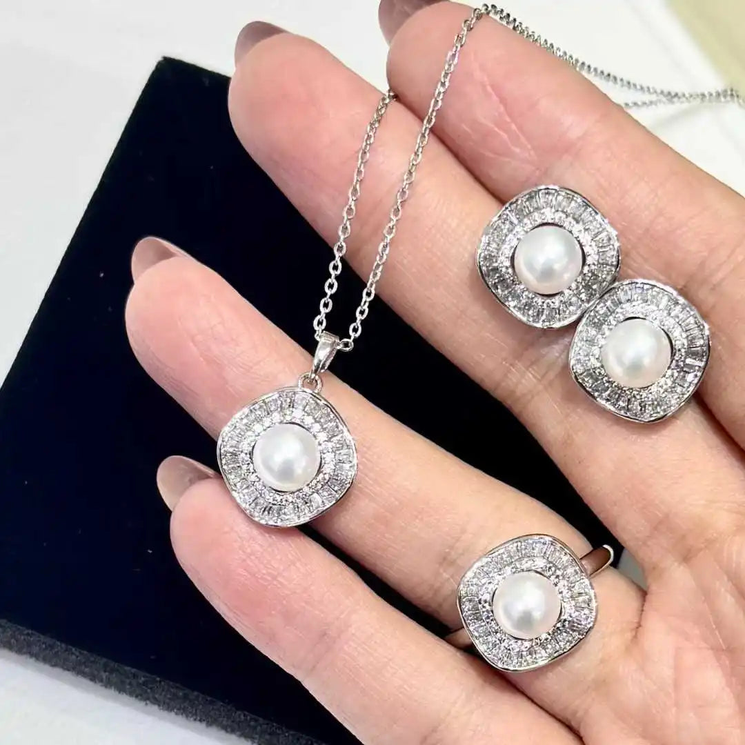 T-shaped Platinum Plated AAAA Grade White Freshwater Pearl Necklace Ring Earring Set Luxury 3-Piece Wedding Jewelry