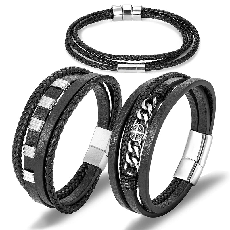 Stainless Steel Cowhide Leather Rope Bracelet with Magnetic Buckle Fashion Charm Accessory