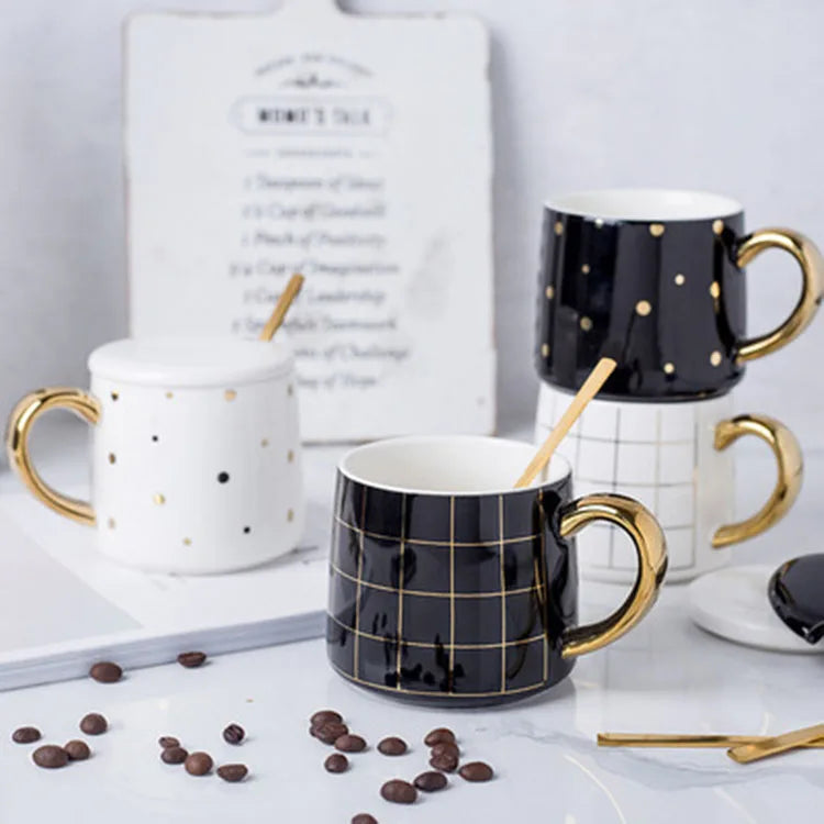 Nordic Simple Ceramic Tea Mug Black White with Gold Handle 300ml Eco-Friendly Includes Spoon for Coffee/Milk/Tea Business Gift
