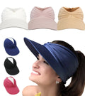 Women Summer Swimming Ponytail Hollow Top Adjustable Plain Elastic Foldable Wide Brim UPF 50 Sun UV Protection Beach Visor Hat