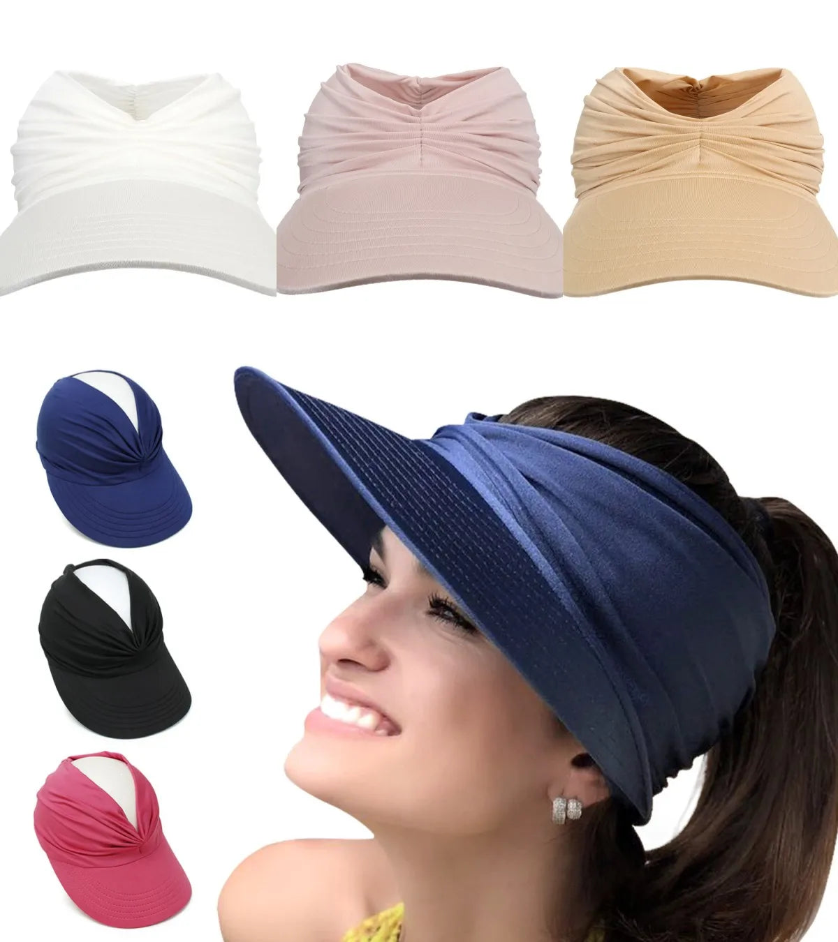 Women Summer Swimming Ponytail Hollow Top Adjustable Plain Elastic Foldable Wide Brim UPF 50 Sun UV Protection Beach Visor Hat