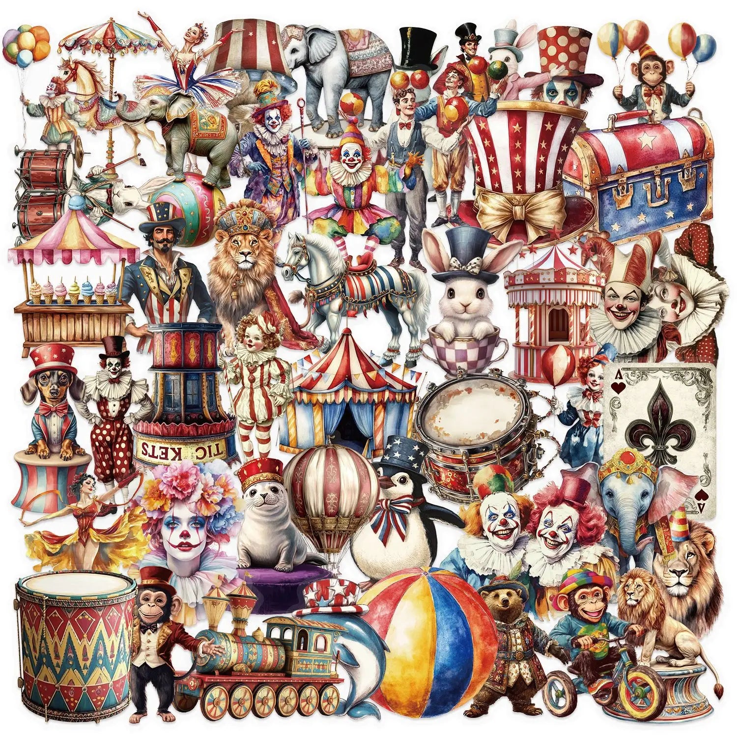 50Pcs Transparent Retro Circus Stickers for Book Laptop Decor PET Material Cartoon Clown Sticker