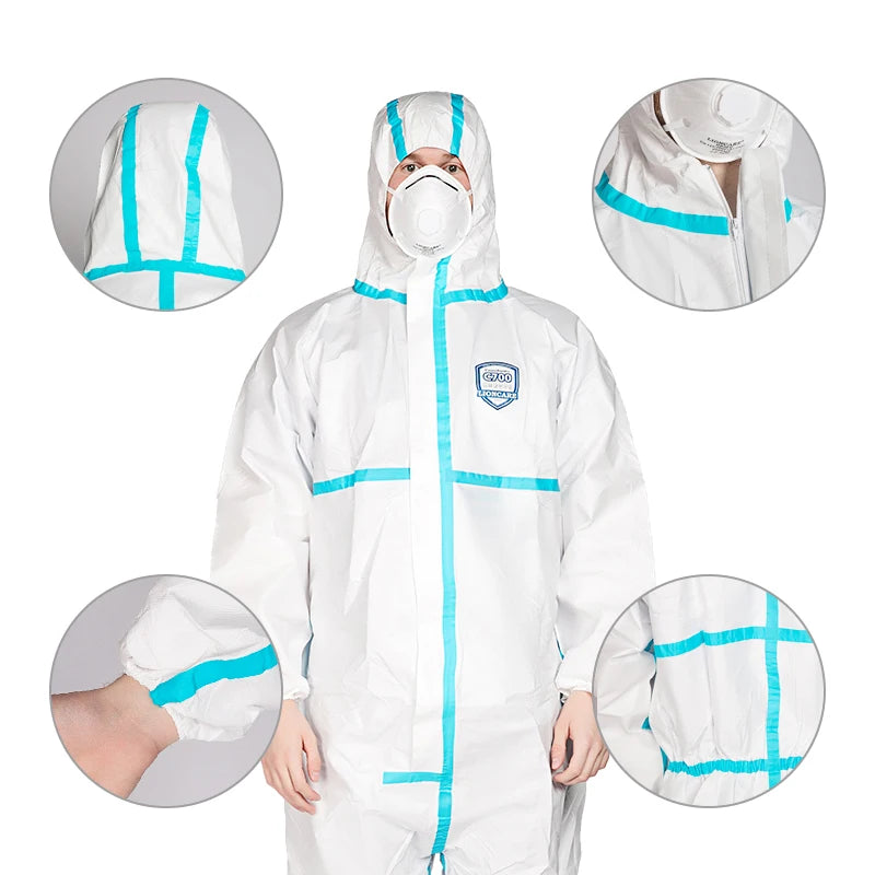 EN14126 Antibacterial Men Medical Suit With Tape Type4/5 Disposable Protective Clear Plastic Coverall