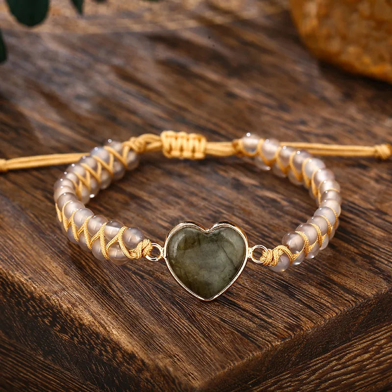 Popular Adjustable Hand Woven Bracelet Natural Heart Pull Feldspar Flash Stone Bracelet Gifts for Women