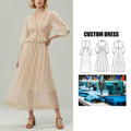 Custom Brand Vintage Long Floor-Length for Women French Wide Swing Solid Spliced Lace V-Neck Puff Sleeves Waist Slimming Chiffon