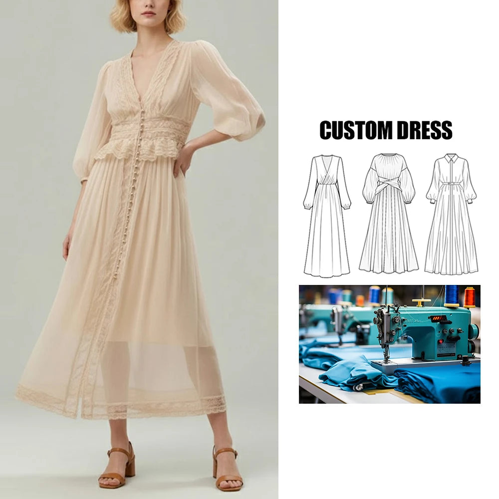 Custom Brand Vintage Long Floor-Length for Women French Wide Swing Solid Spliced Lace V-Neck Puff Sleeves Waist Slimming Chiffon