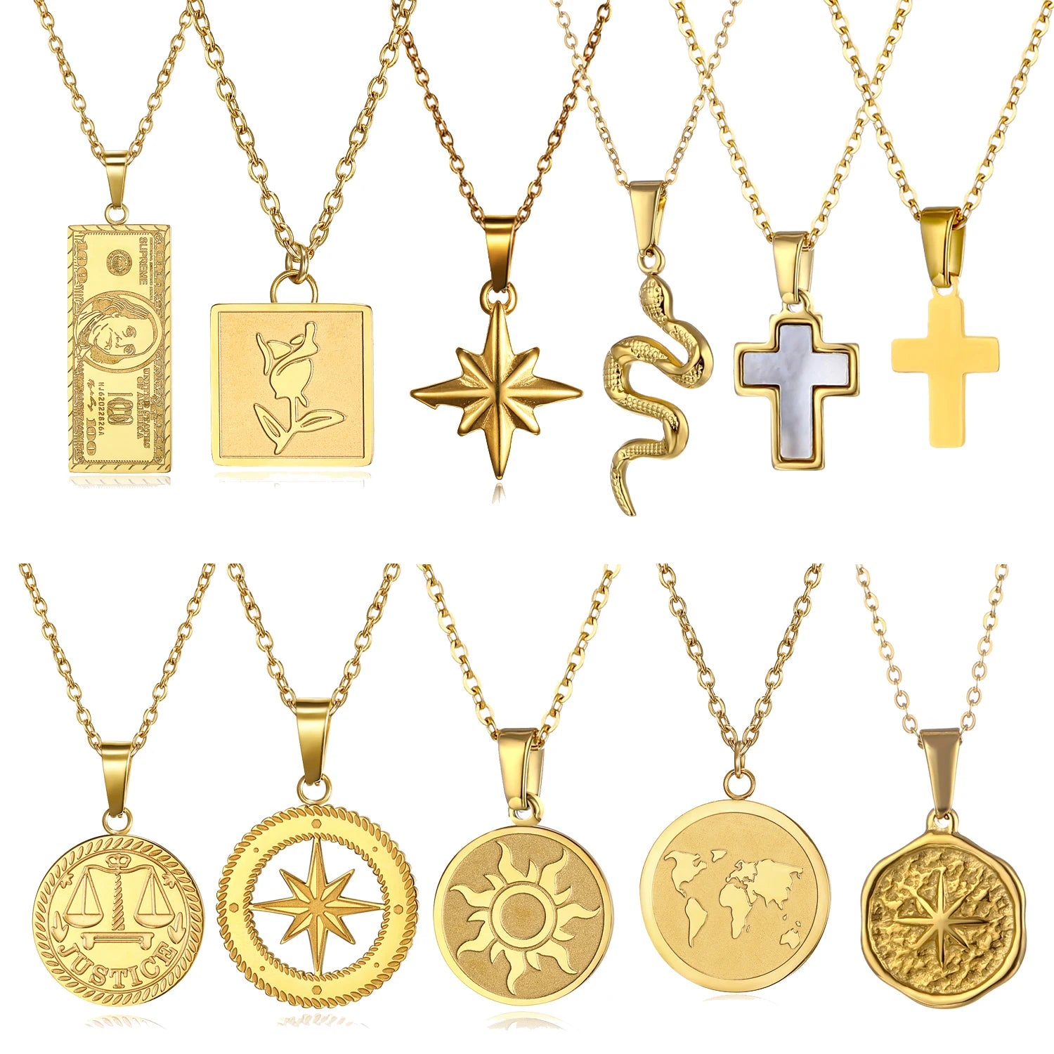 Chic PVD 18k Gold Pearl Cross Pendant 316L Stainless Steel North Star Compass Jewelry Dollar Bills Pendant Justice Necklace