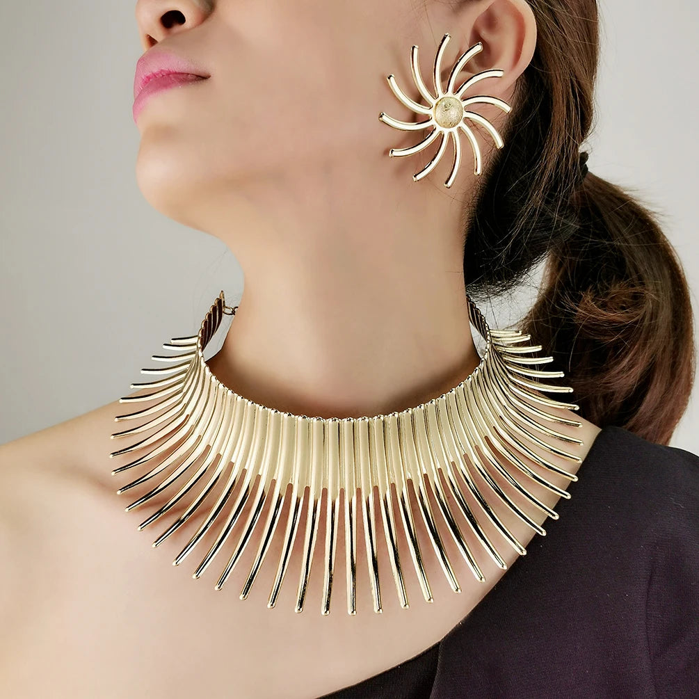 Trend Punk Bending Metal Choker Necklace African Exaggerated Daisy Sunflower Stud Earrings Indian Gold Plated Jewelry Sets