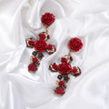 HOVANCI New Design Women Jewelry Rose Flower Cross Dangle Earrings Stylish Gold Plated Crystal Cross Rose Flower Drop Earrings