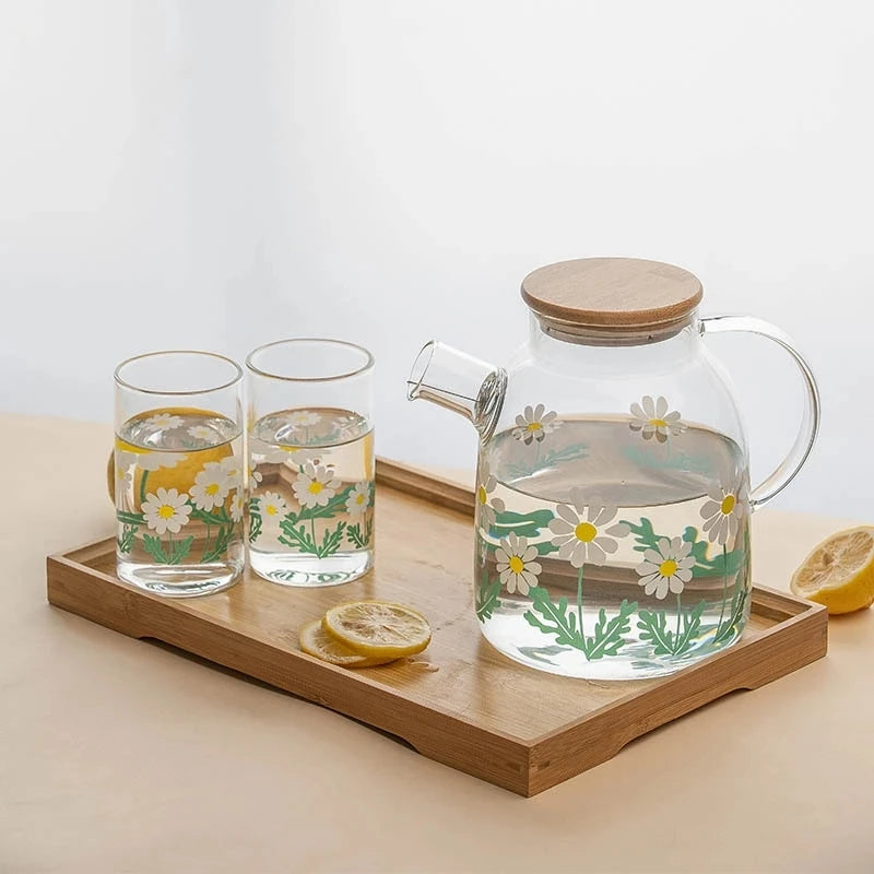 Solhui High Borosilicate Heat-resistant Fresh Little Daisy Printed Glass Summer Water Cup Set