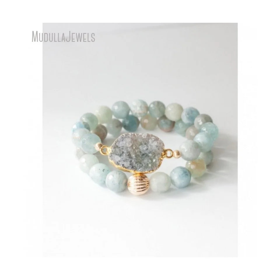 BM41342 Natural Gemstone Aqua Aquamarine Druzy Beaded Free Form Stack Bracelet Set Gold Plated Boho Bohemian Beach Jewelry