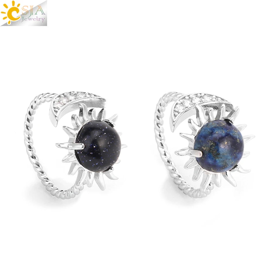 CSJA Gem Stones Jewelry Ring Tiger Eye Rose Quartz Adjustable Moon Sun Healing Crystal Natural Stone Ring for Men Women H344