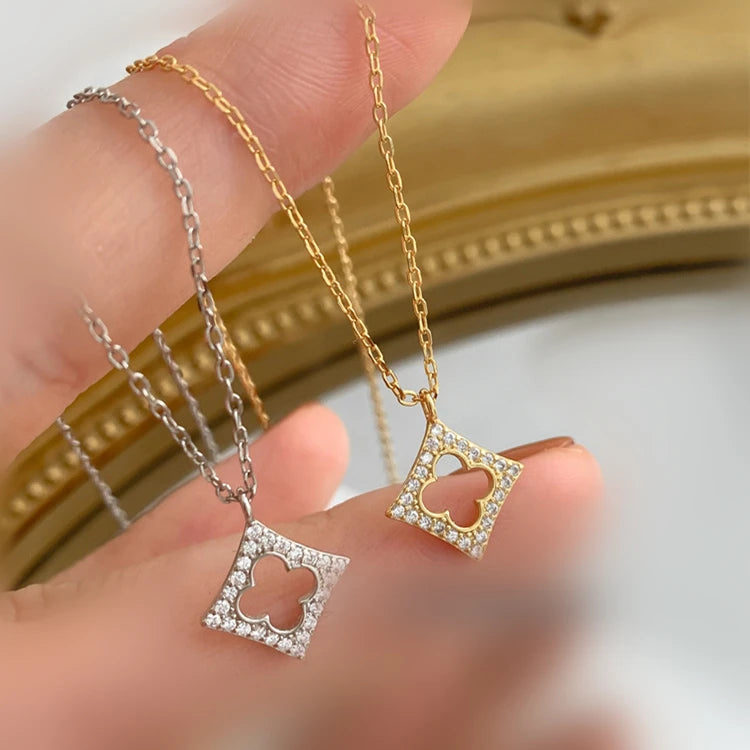 S925 Minimalist Design Necklace Square Shape Luck Leaf Pendant Necklace