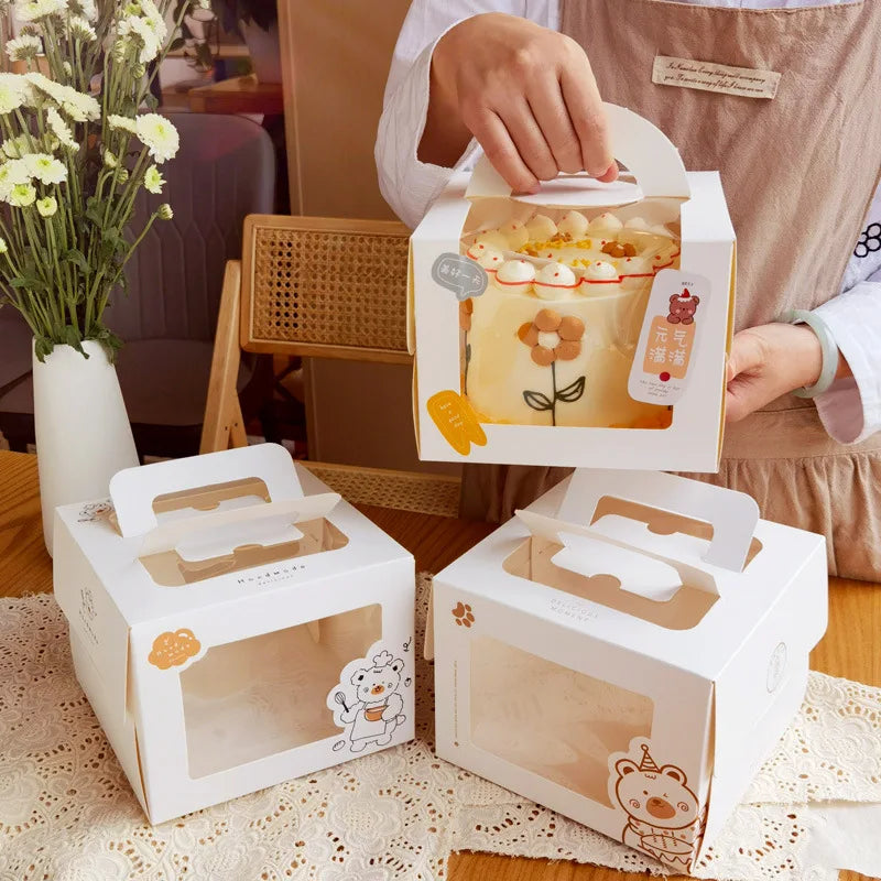 Stock PVC Matt Lamination Recyclable Mousse Cake Box 4 Inch Portable Birthday Cake Box with Clear Window 16x16x12cm White
