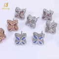NUOYA Blue Four-Leaf Clover Earrings Women Hip Hop Jewelry Silver Plated Iced Out Zircon Customized Color Stud Earrings Gift