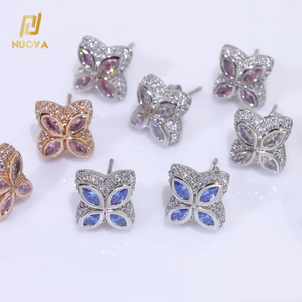 NUOYA Blue Four-Leaf Clover Earrings Women Hip Hop Jewelry Silver Plated Iced Out Zircon Customized Color Stud Earrings Gift