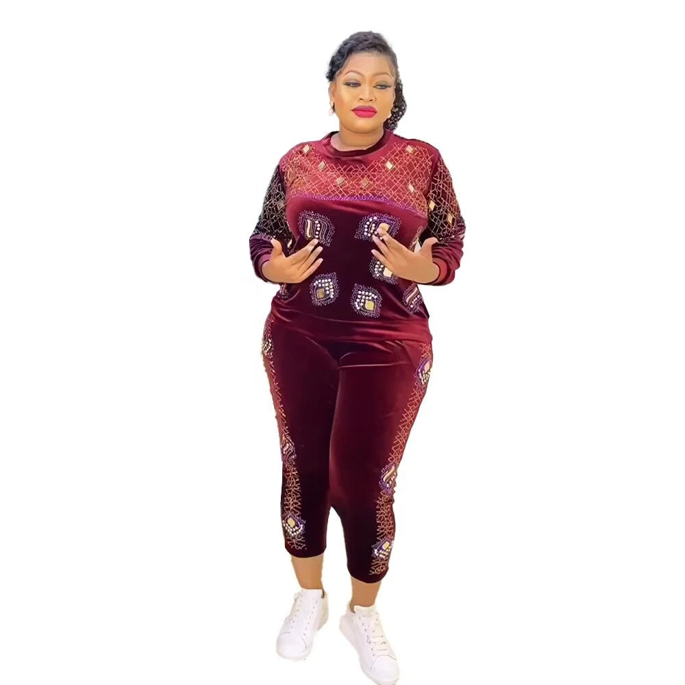 New Women's Suit African Ankara Clothing Stretch Velvet Modern African Clothes Luxury Rhinestones African Wear