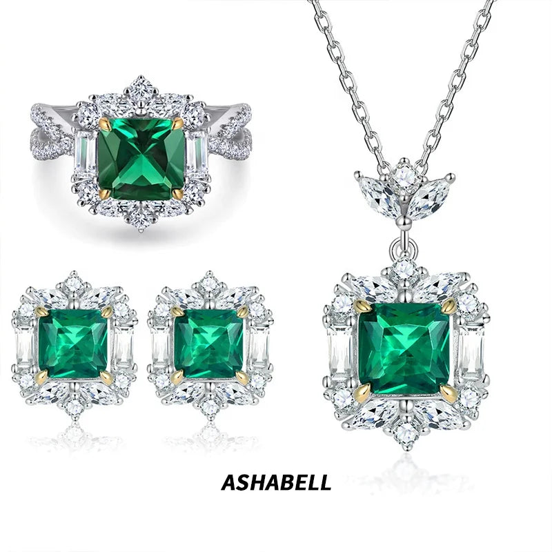 High-grade Colorful Jewelry Set S925 Silver Ring Green Zirconia Earrings Luxury Emerald Necklace for Women