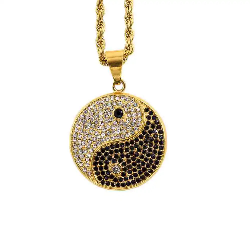 Premium Hip HOP ICED Out Bling Chinese Symbol Tai Chi Yin Yang Pendant Necklace 316L Stainless Steel Silver Plated Iced Diamond