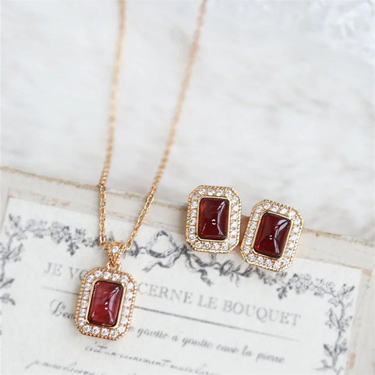 Real Gold Plated S925 Red Zircon Luxury Party Jewelry Ruby Pendant Necklace