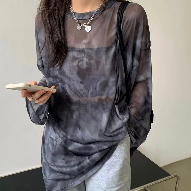 T-shirt Women Tie Dye Long Sleeve Ladies Spring Loose High Street Stylish Thin-Leisure Minimalist Harajuku Ins Comfortable Chic