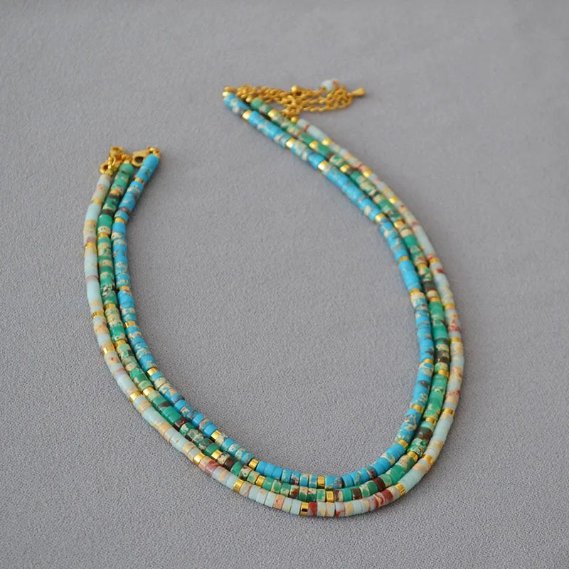 Wholesale Retro Mix Color Natural Pattern Stone Brass Beaded Necklace Daily Handmade Beaded Necklace for Girlfriend