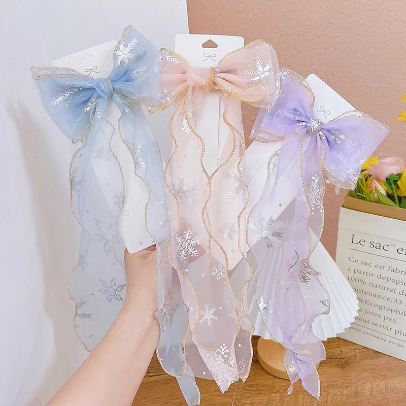 MIO Large 15.5 Cm Lace Bow Knot Hair Clips Long Ribbon Mesh Hairpin Snowflake Hair Accessories for Women
