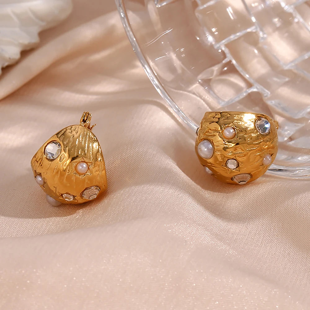 Valentines Day Gift 2024 Ball Shape Pearl Zircon Hoop Earrings Gold Plated Stainless Steel Jewelry