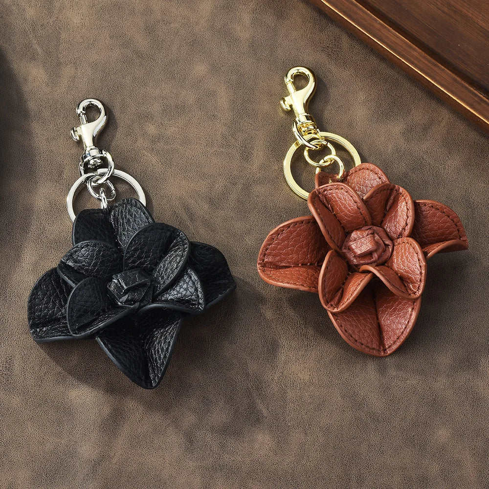 PU Leather Camellia Flower Bag Charm Keychain Handmade Cute Fashion Floral Chain Backpack Pendant Accessories Keyring for Women