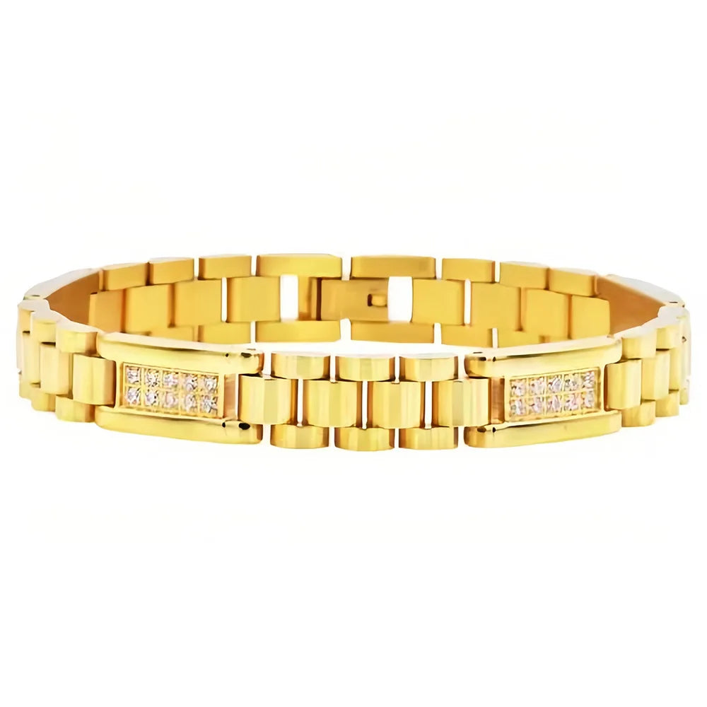 Luxury Gold Black 10MM Geometric Watch Chain Bracelets Men Women Crystal Insert Stainless Steel Link Chain Bangle Gift