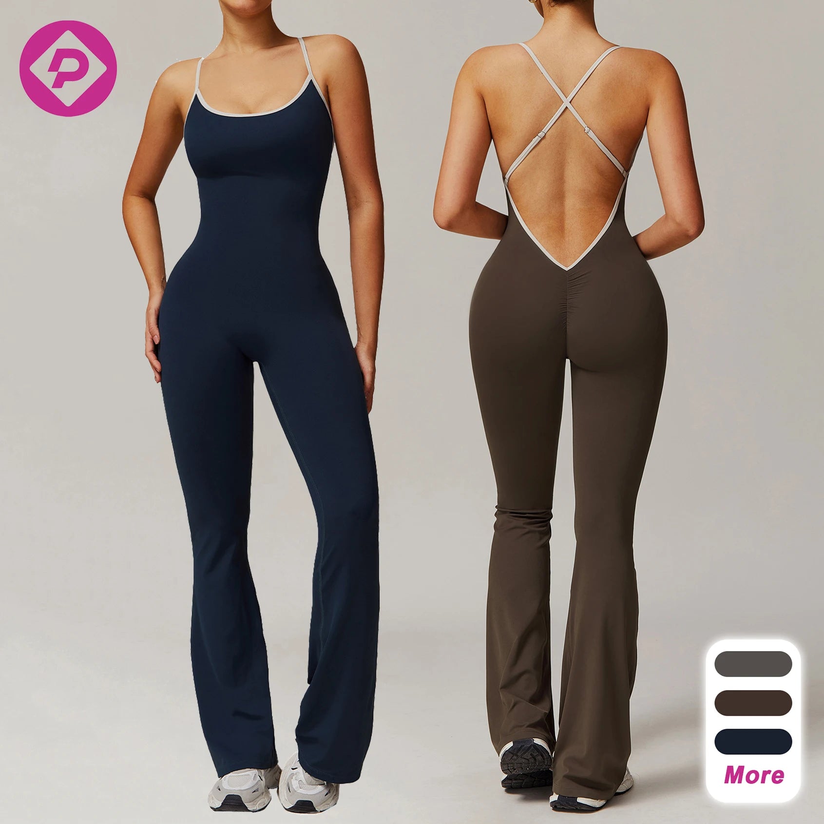 Customize Logo New Women Sports Activewear Compression Soft Open Back Scrunch Back Wide Leg Jumpsuits