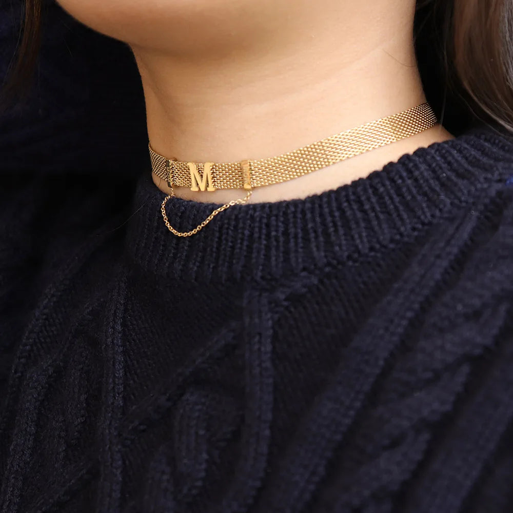 Chris April Fashion 18k Gold Plated Stainless Steel Net-knitted Chain Wide Version M Letter Jewelry Necklace for Women
