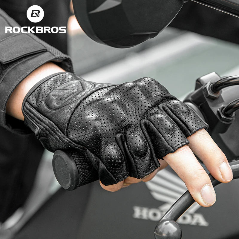 ROCKBROS Motor Bike Riding Glove Leather Motorcycle Gloves Breathable Half Finger Gloves Leather Driver Motorcycle