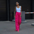 Pink High Waisted Drawstring Loose Wide Leg Casual Fashion Streetwear Baggy Cargo Pants For Women