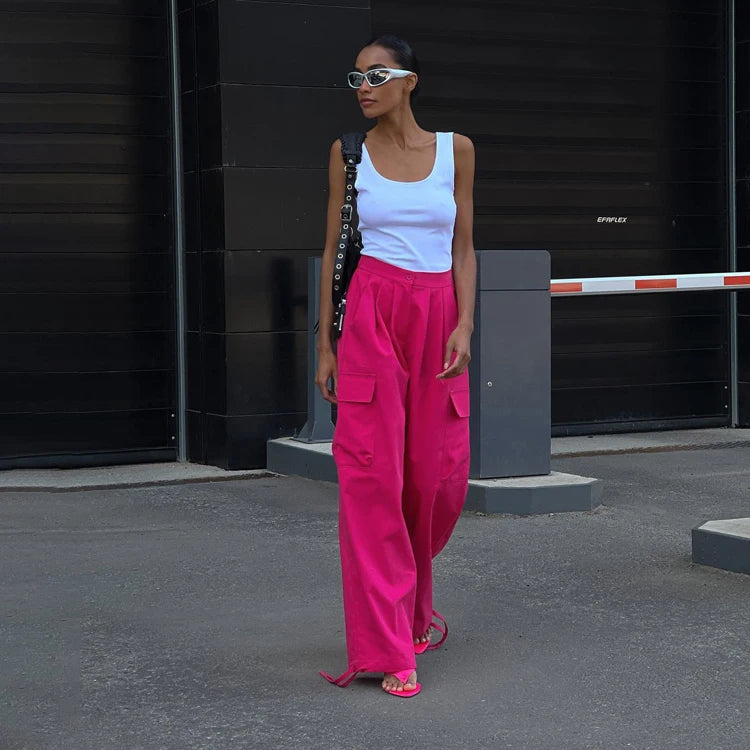 Pink High Waisted Drawstring Loose Wide Leg Casual Fashion Streetwear Baggy Cargo Pants For Women