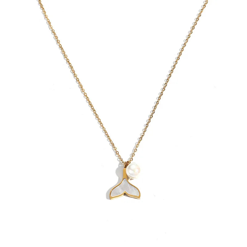 Yiwu DAICY Vintage Pearl Shell Necklace Stainless Steel Minimalist Mermaid Fish Tail Pendant Necklace for Ladies Gift