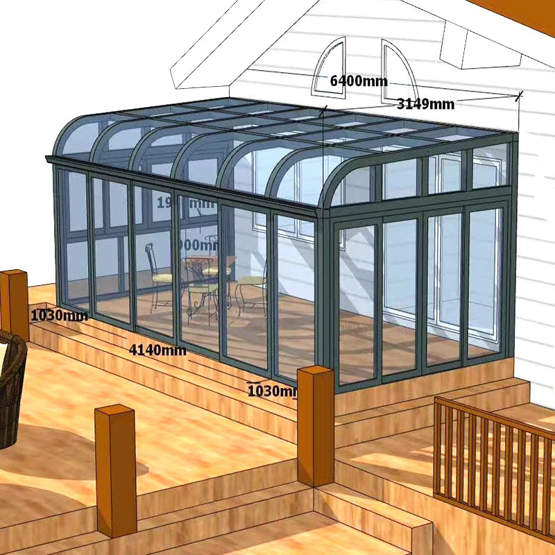 Glass Wall with Retractable Curved Roof Ultraviolet Isolation Solarium Sun Room Glass House Outdoor