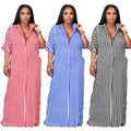 New Short Sleeve Loose Striped Print Shirt Dress Women Casual Oversize Dresses for Summer